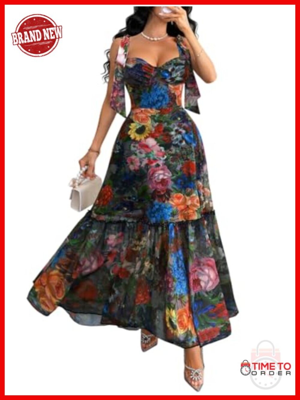 Women Floral Maxi Dress Ruffle Sweetheart Open Back Wedding Guest
